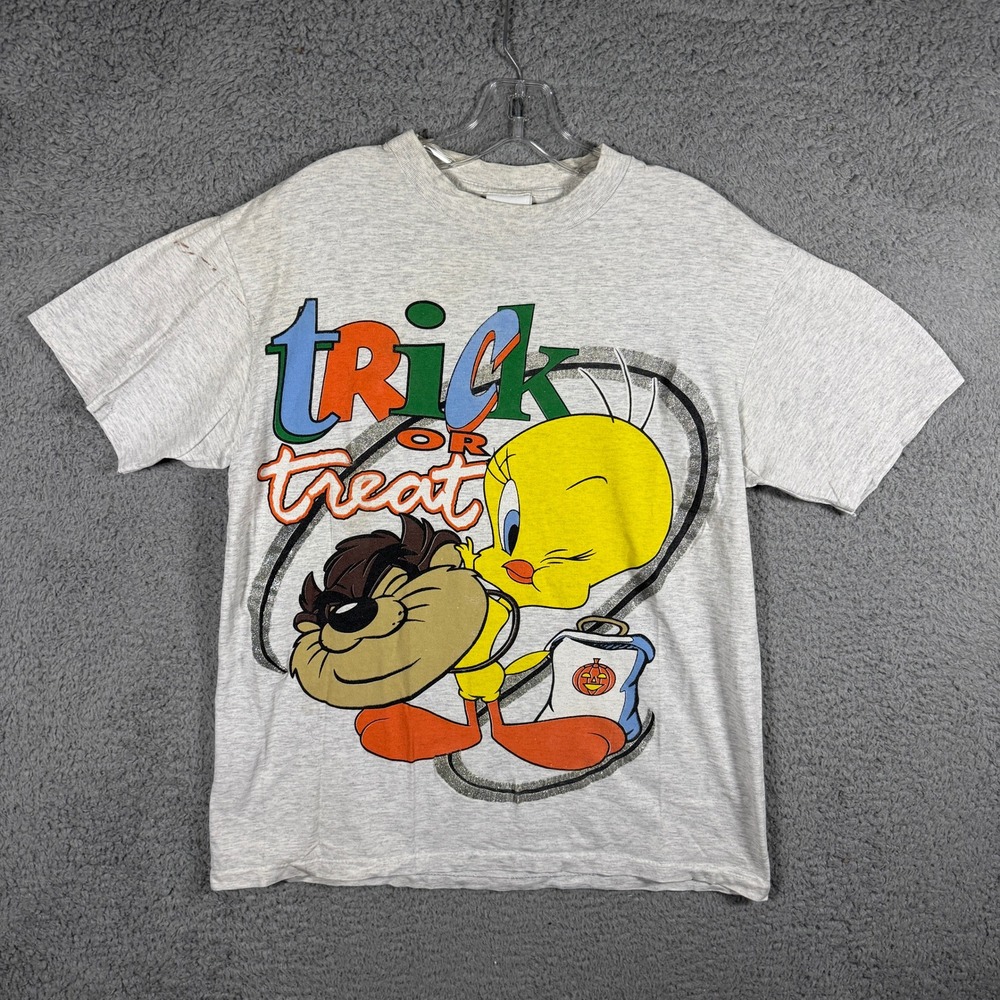 Vintage Looney Tunes Halloween Trick or Treat Tweety Taz Gray T-Shirt Large